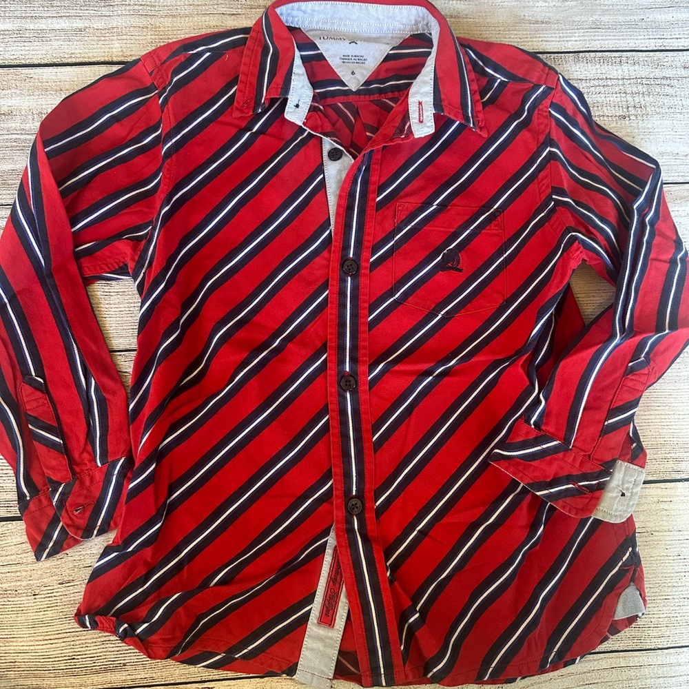 Tommy Hilfiger Boys Button Down Up Dress Shirt Diagonal Pin Stripes Size 6